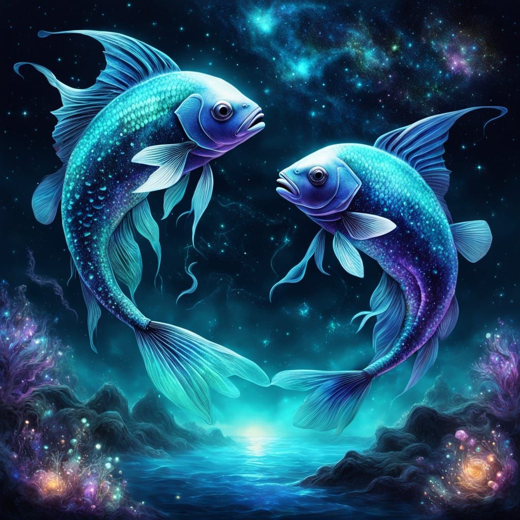 Cosmic Fish in Harmony, Shimmering in the Starry Night