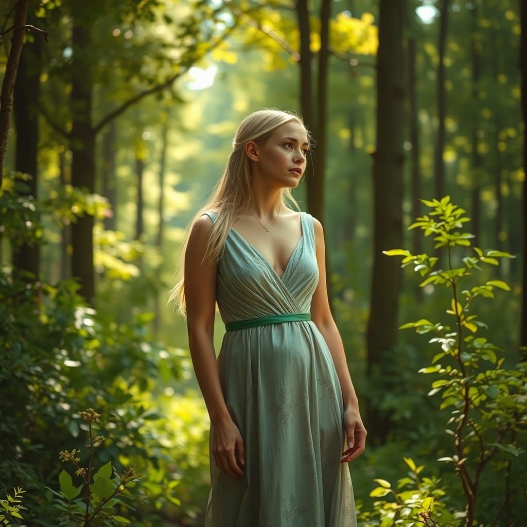 Woman in Silver Dress in Mystical Forest