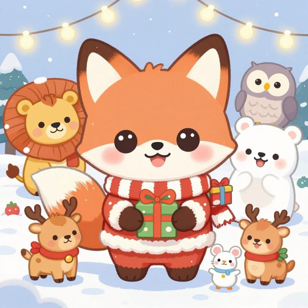 Kawaii Christmas Fox With Friends in Cozy Winter Scene