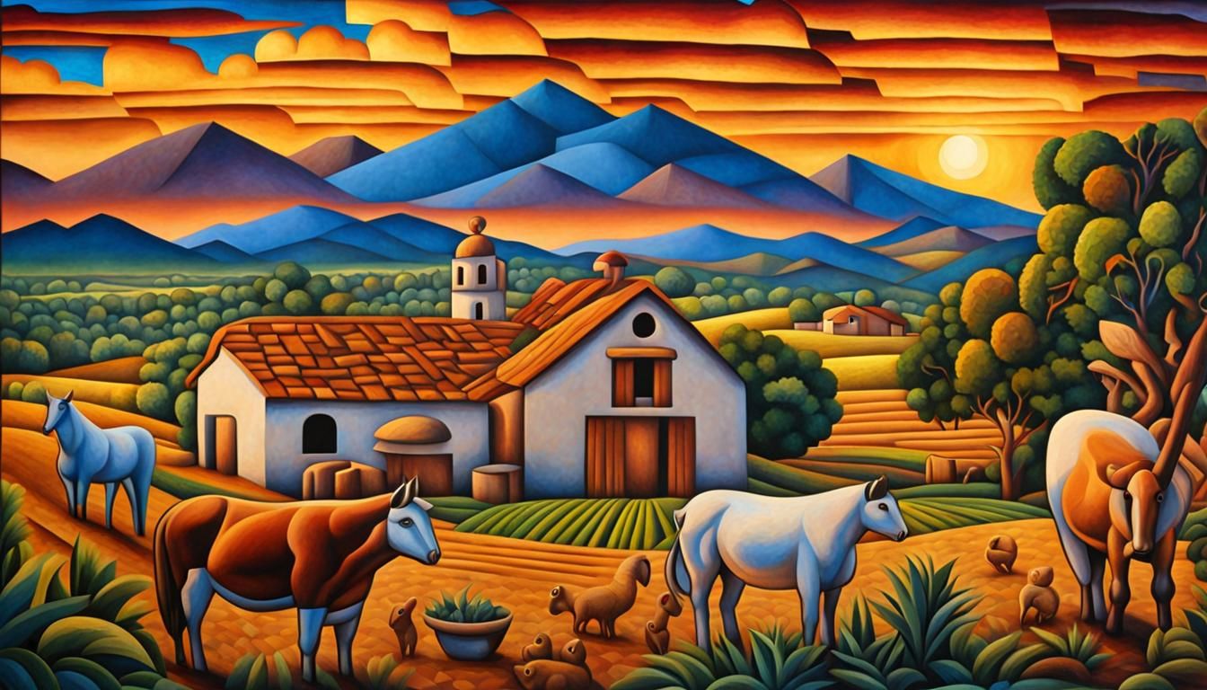 Mexican Farm Sunset in Cubist Mosaic Style