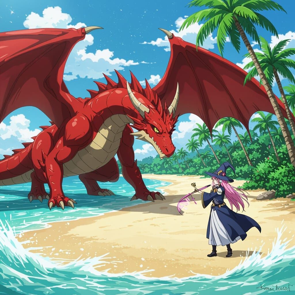 Anime Dragon Threatens Wizard Woman on Sunny Beach