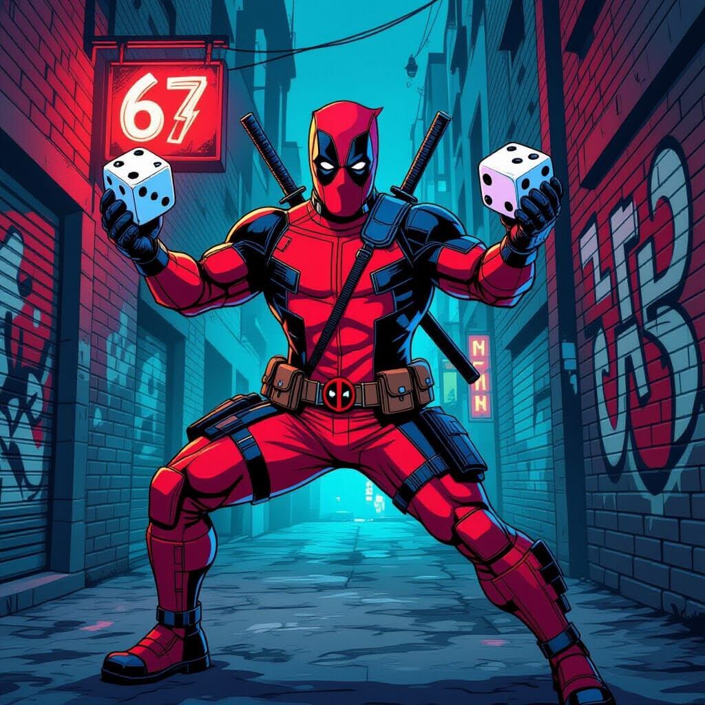 Deadpool Wields Dice in Gritty Alleyway Art