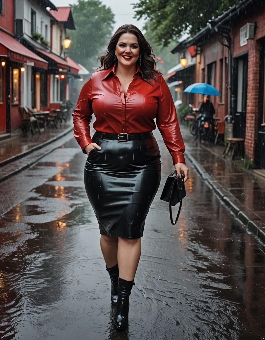 Charming Woman in Red Leather Walking in Rain