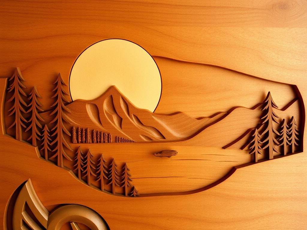 Wood Carving of Sunset Over Lake and Mountains