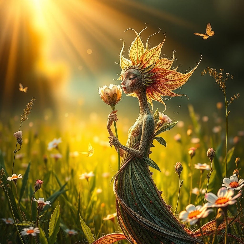 Floral Creature in Sunlit Meadow, Symbolic Art