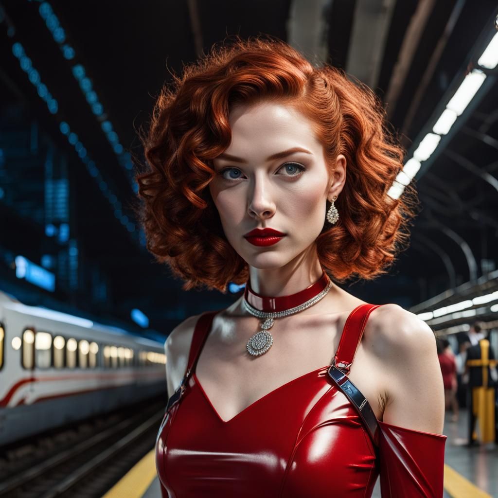 Redhead in Red Latex Dress at Train Station