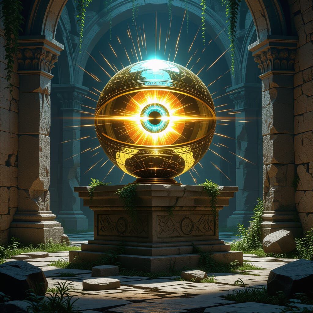 Holographic Eye Jewel on Ancient Pedestal