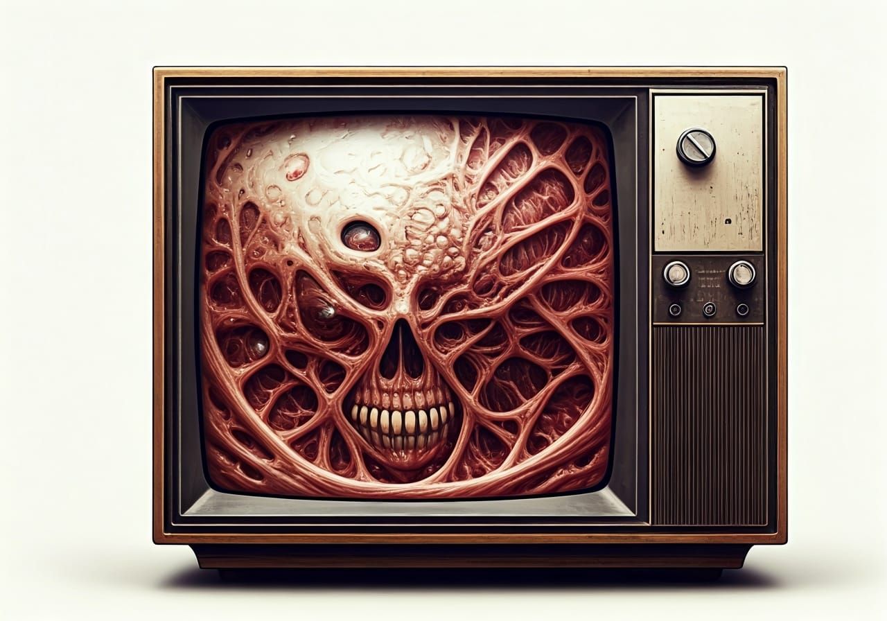 Biomechanical CRT Television in 80s Living Room