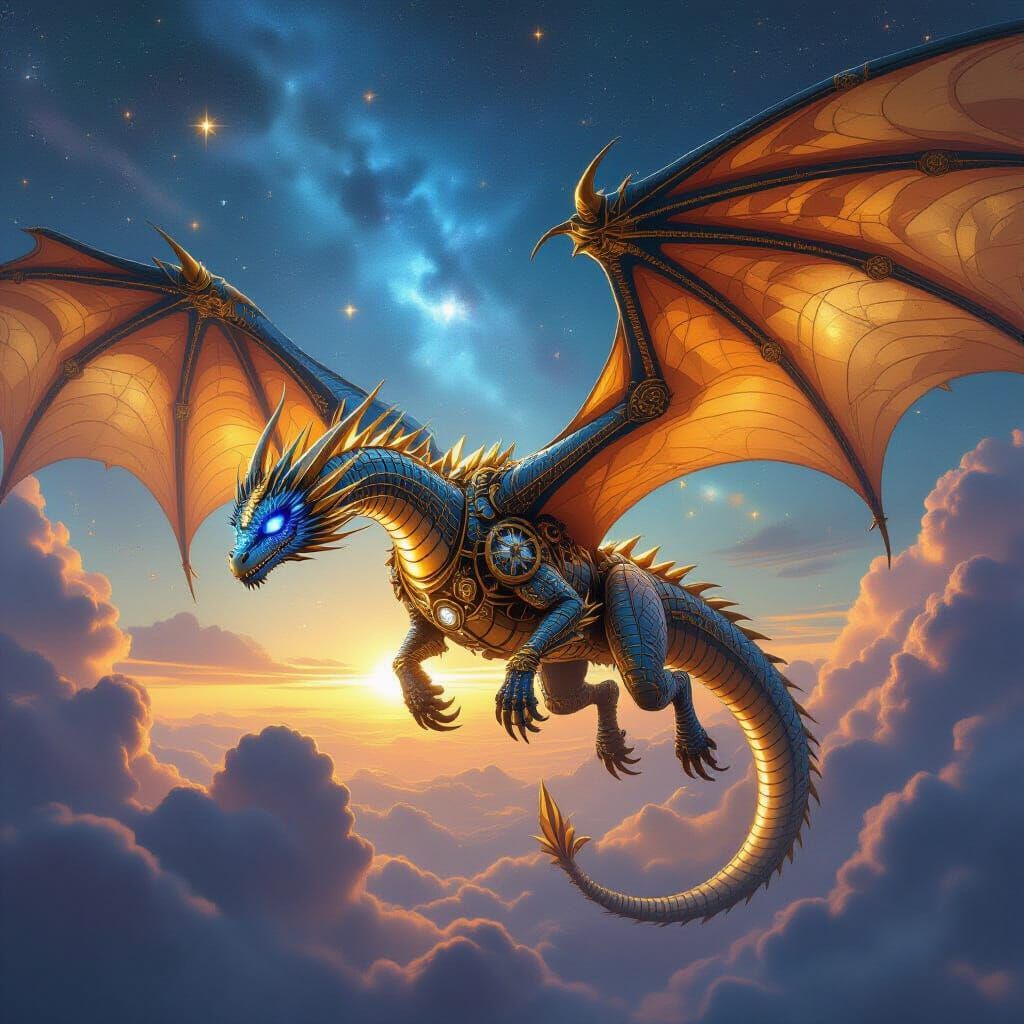 Clockwork Dragon Soaring Through Nebula in Hyperrealistic St...