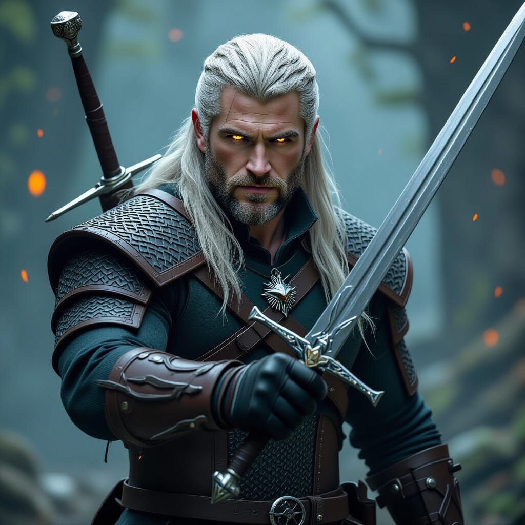 Geralt of Rivia: Intense Battle in Dark Fantasy Style