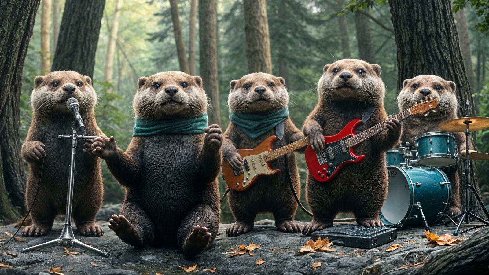 Otters Rocking Out in a Forest Band