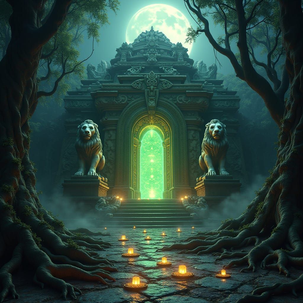 Mystical Bitcoin Temple in a Moonlit Jungle