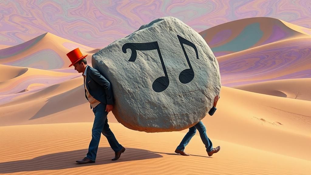 Men Carry Musical Rock Through Surreal Desert