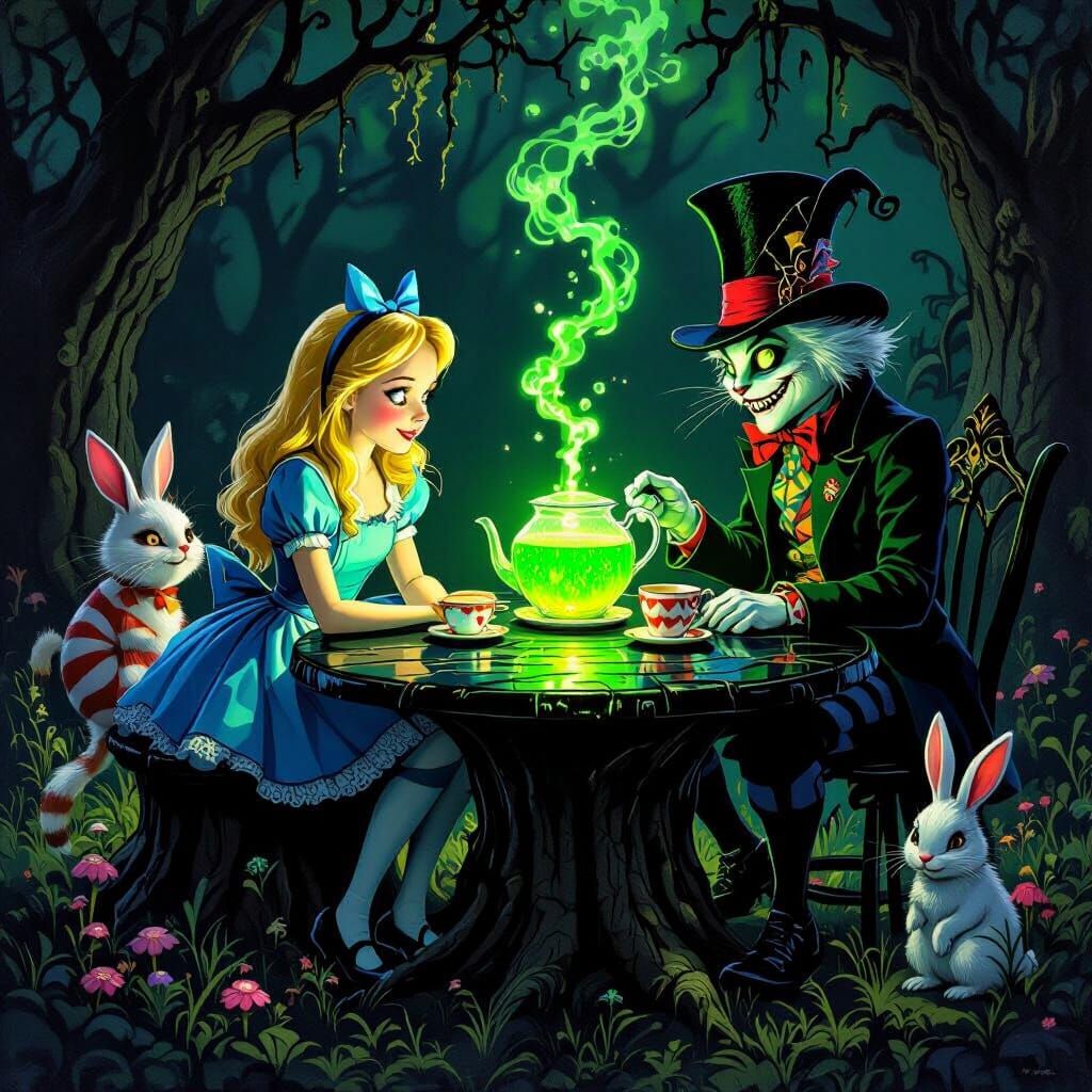 Alice in Wonderland Scene with Cheshire Cat and Mad Hatter