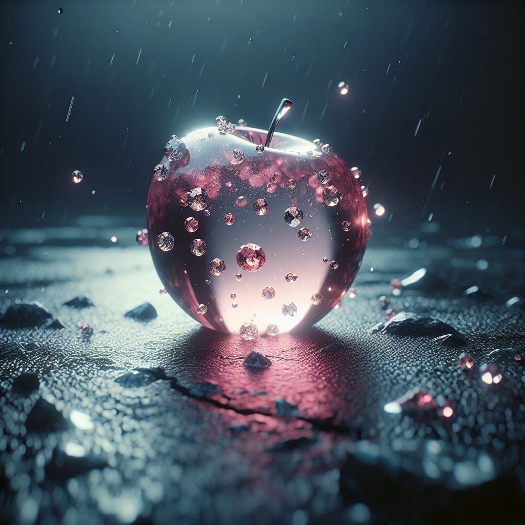 Gems Adorn Translucent Apple on Gloomy Asphalt Road
