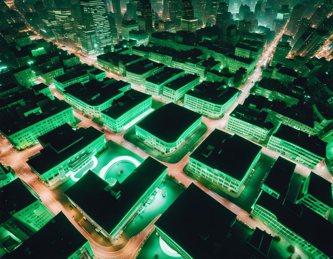 Luxe Neonpunk Cityscape: Aerial View in Green and Black