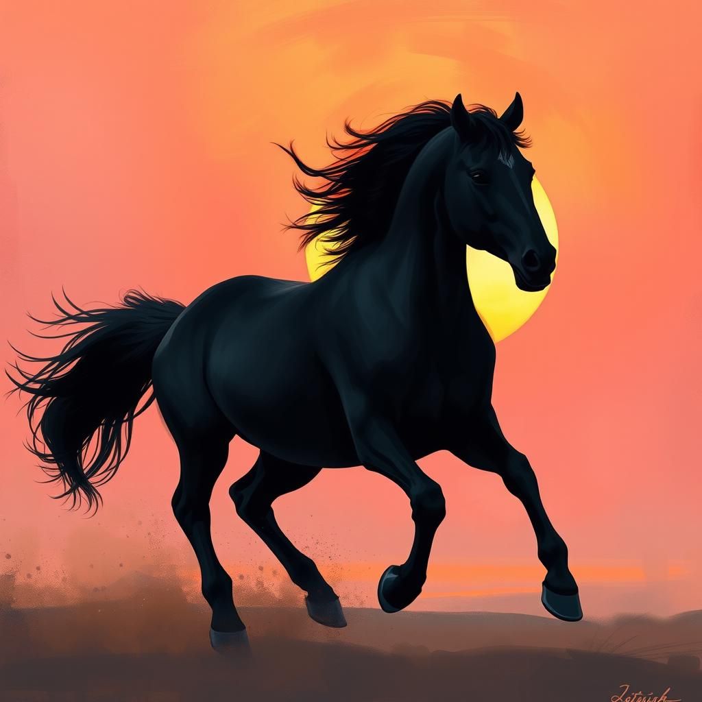 Galloping Black Horse Silhouette at Sunset