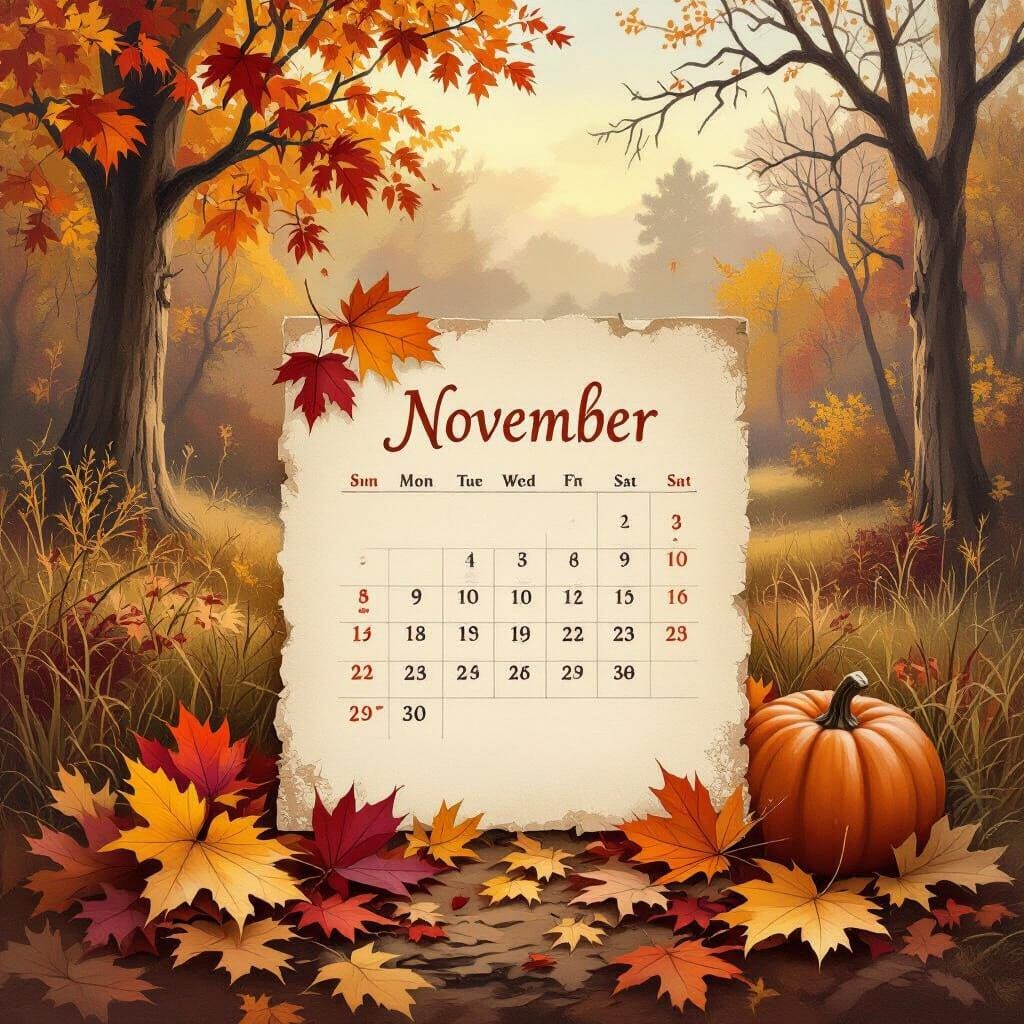 November Calendar Page with Rustic Autumn Scene