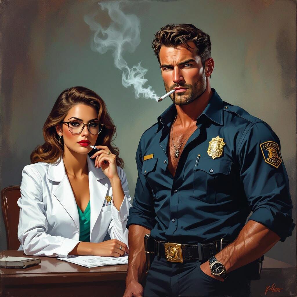 Dramatic Cop Scene in Mixed Painting Styles