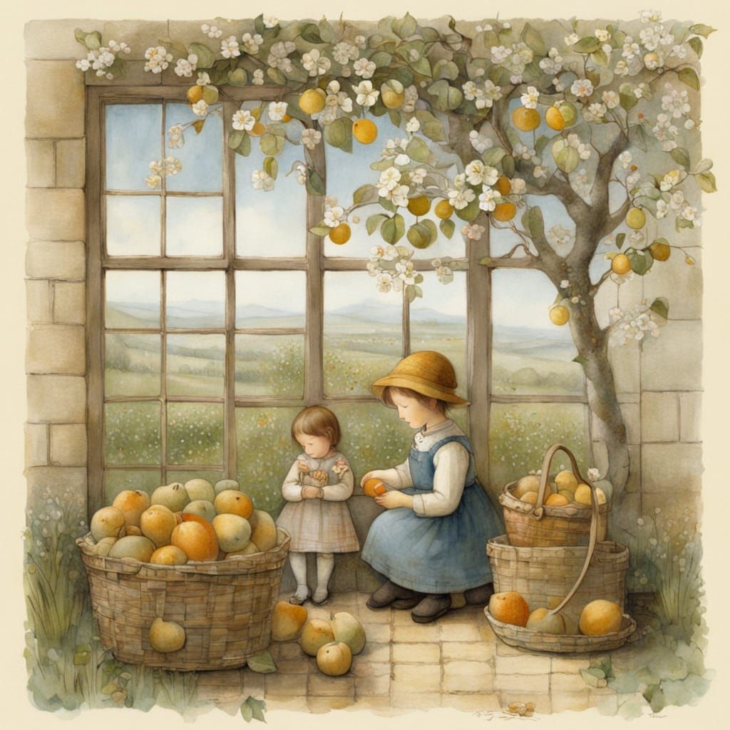 Whimsical Grandchildren Play Beneath Blooming Fruit Trees in...