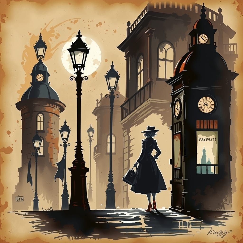 Steampunk Woman by Lamp Post in Ink Painting Style
