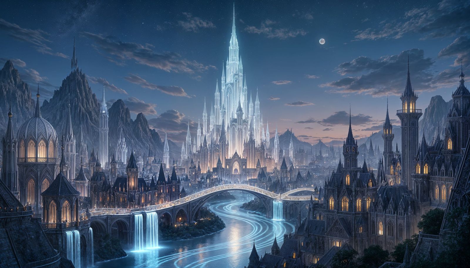 Moonlight Spire Fantasy Cityscape at Magical Dusk