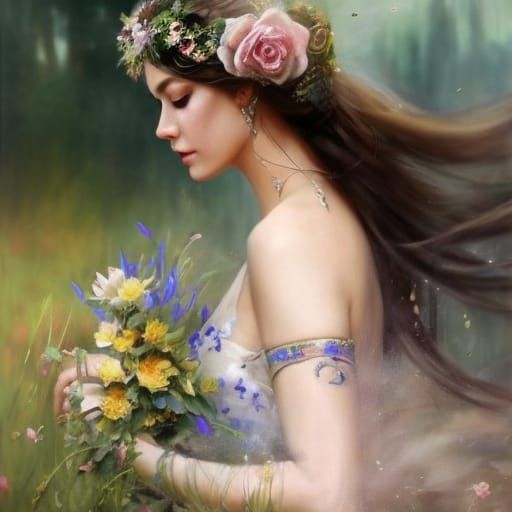 Medieval Fantasy Woman in Lush Spring Forest