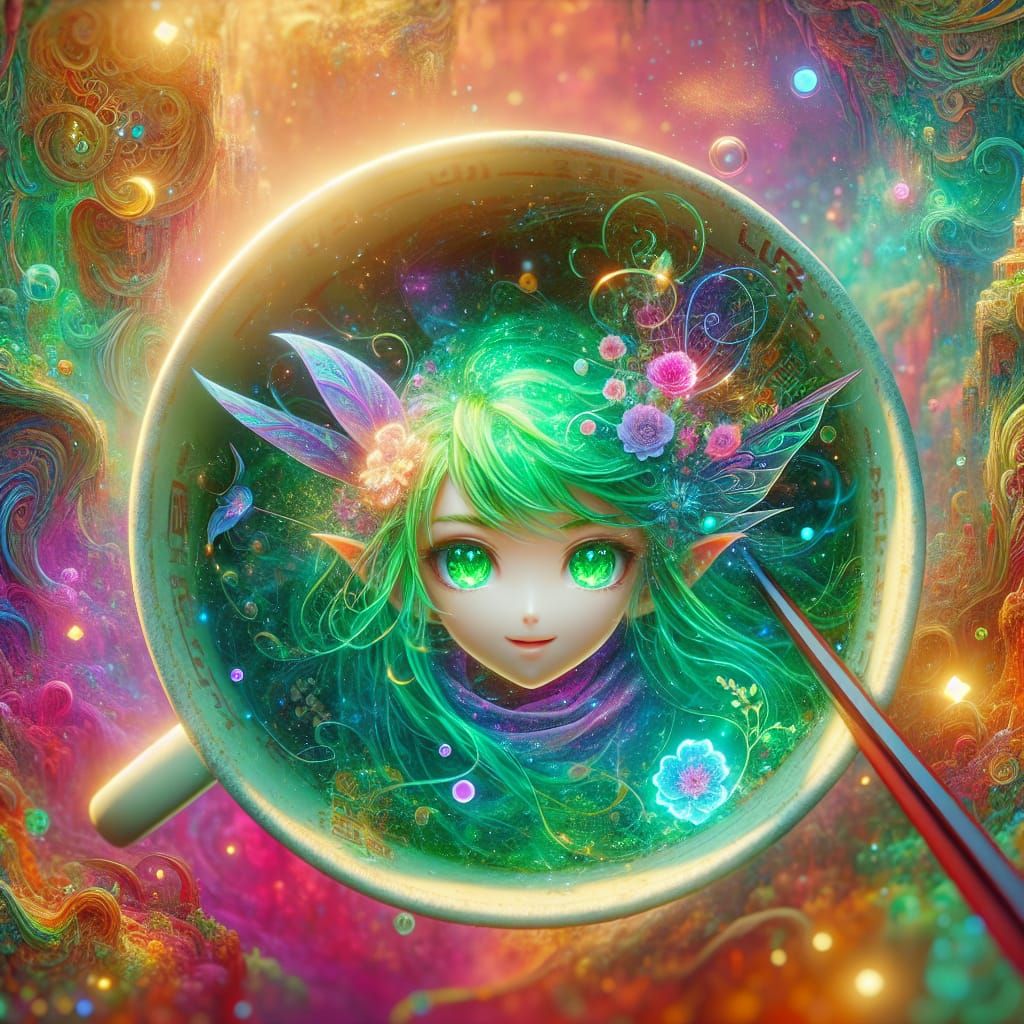 Anime Fairy Girl in Ramen Cup: Ornate Matte Painting