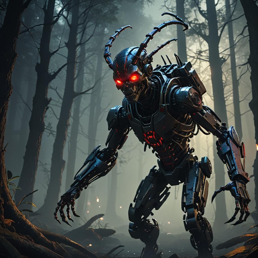 Cyberpunk Robot Monster in Misty Forest