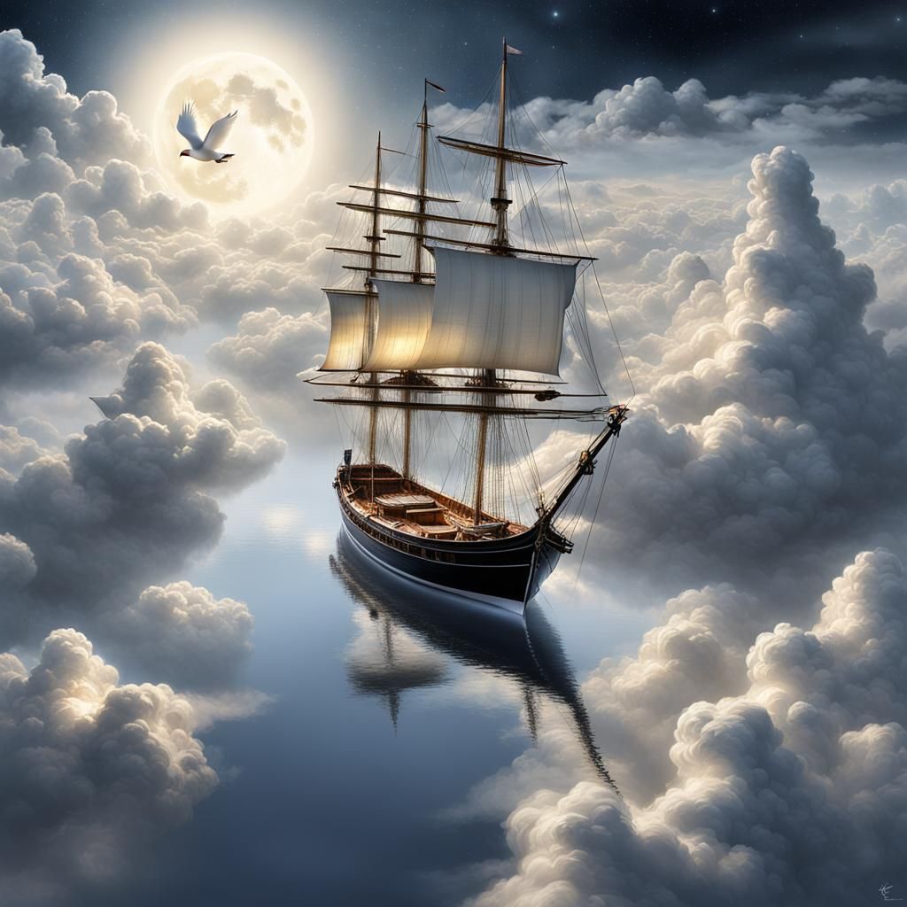 Dreamlike Sailing Dinghy on Cloud with Dove
