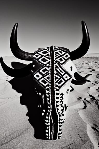 Beaded Buffalo Skull Art in Photorealistic Style