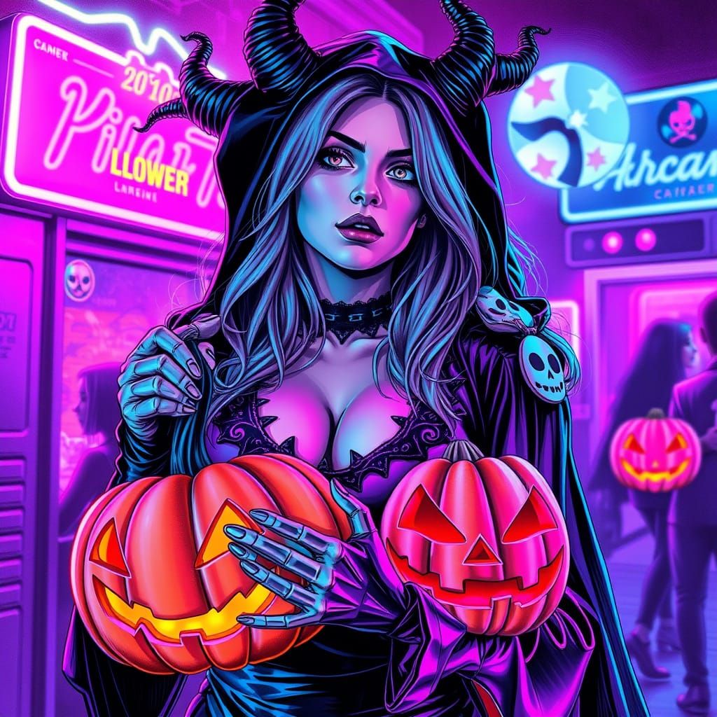 Demonic Halloween Woman with Pumpkin Basket in Manara Style