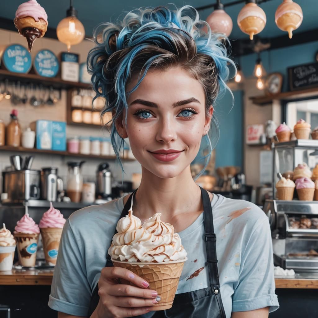 Beautiful Barista with Ice Cream Smile in Coffee Shop