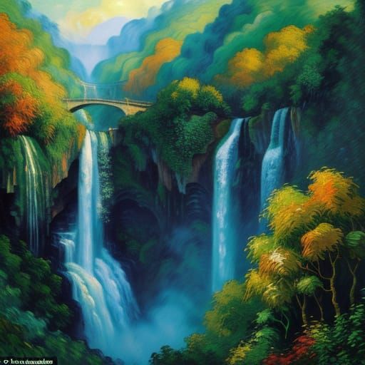 Jungle Waterfall Woman in Impressionist Style