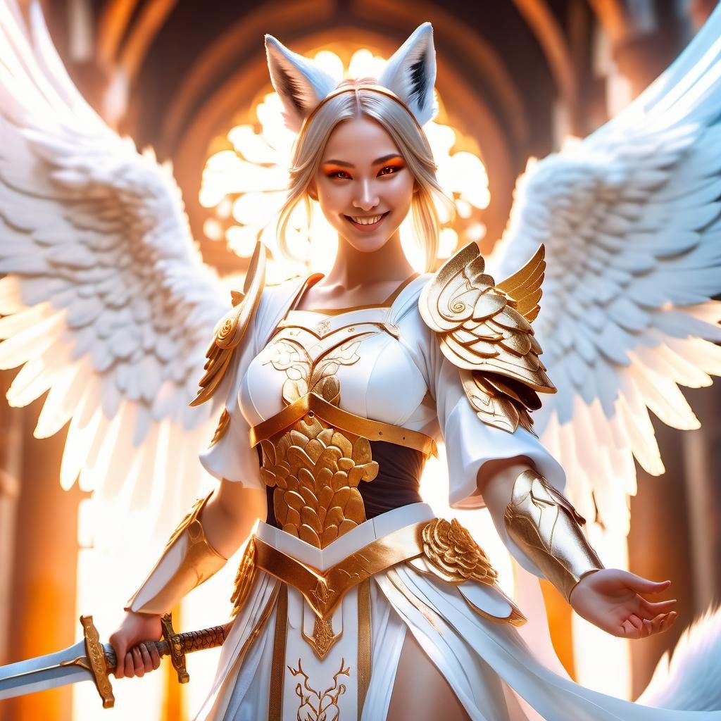 Kitsune girl with fox ears and tail as a guardian angel with...