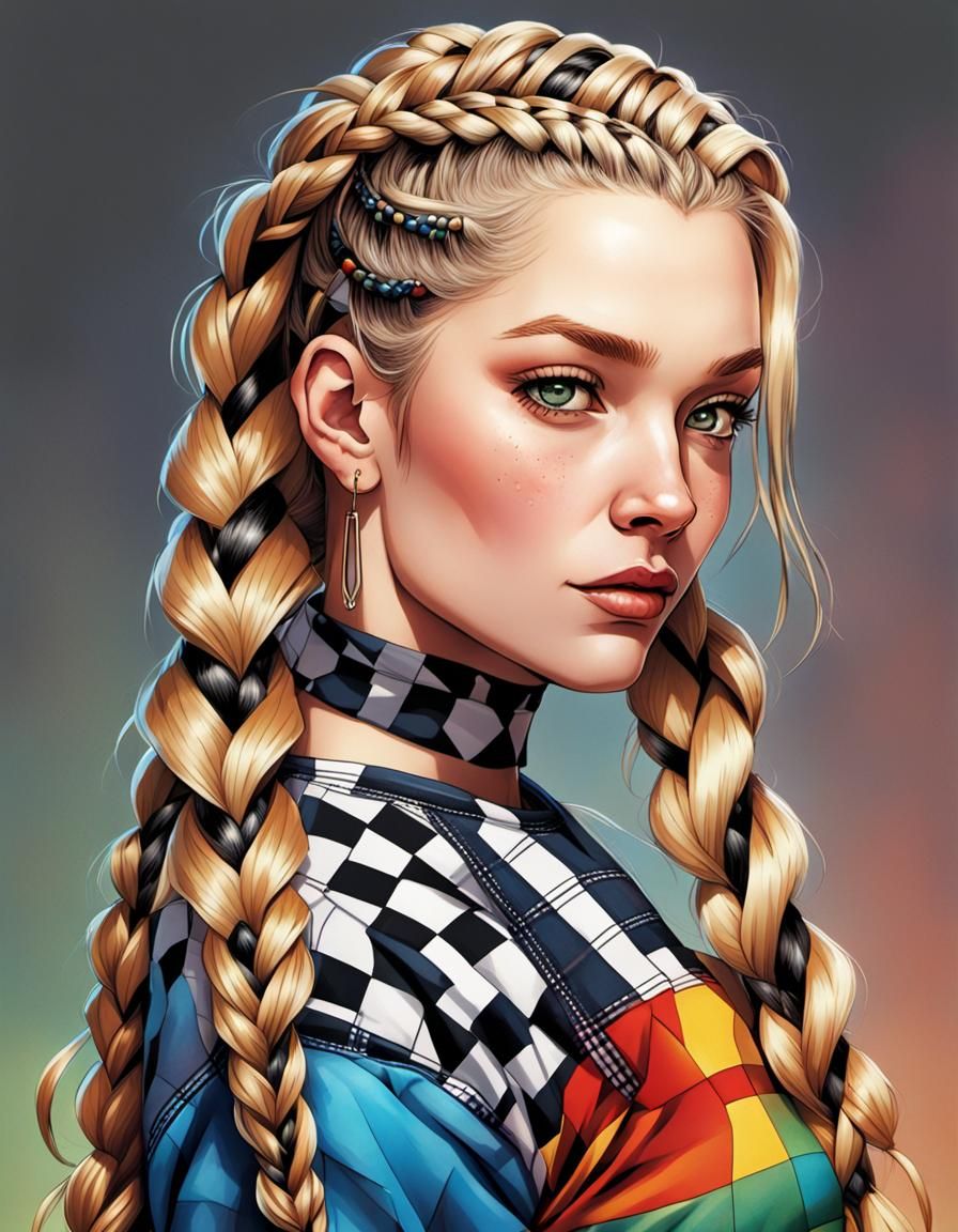 Blonde Braids in Checkered Stripes: Comic Book Art Portrait