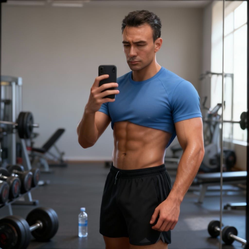 Muscular Man Fitness Portrait in Realistic Gym Setting