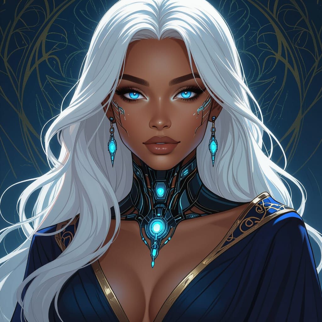 Brown Skinned Woman With White Hair And Cybernetics