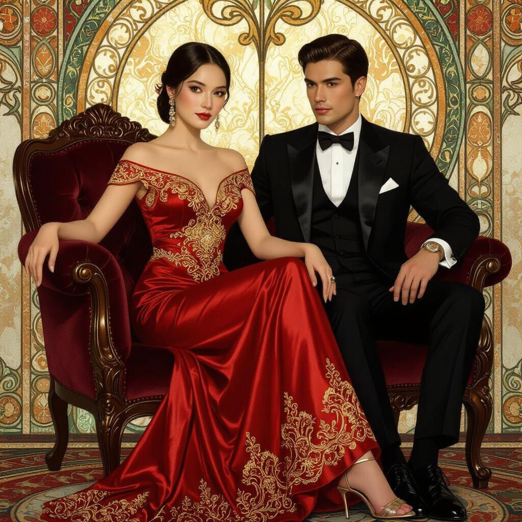 Elegant Thai Couple in Art Nouveau Style