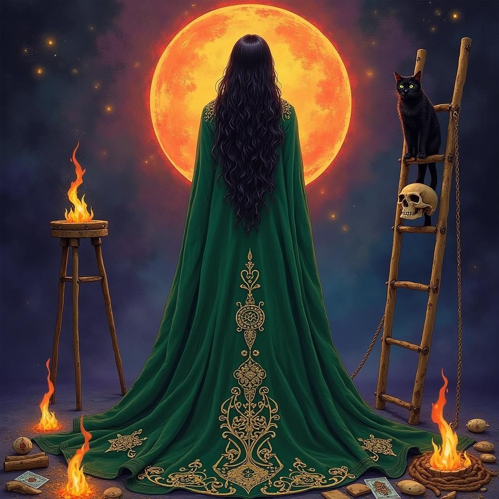 Mystical Witch in Crimson Flames, Evocative Art