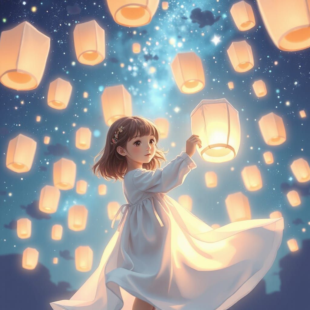 Dreamy Anime Night Scene with Paper Lanterns