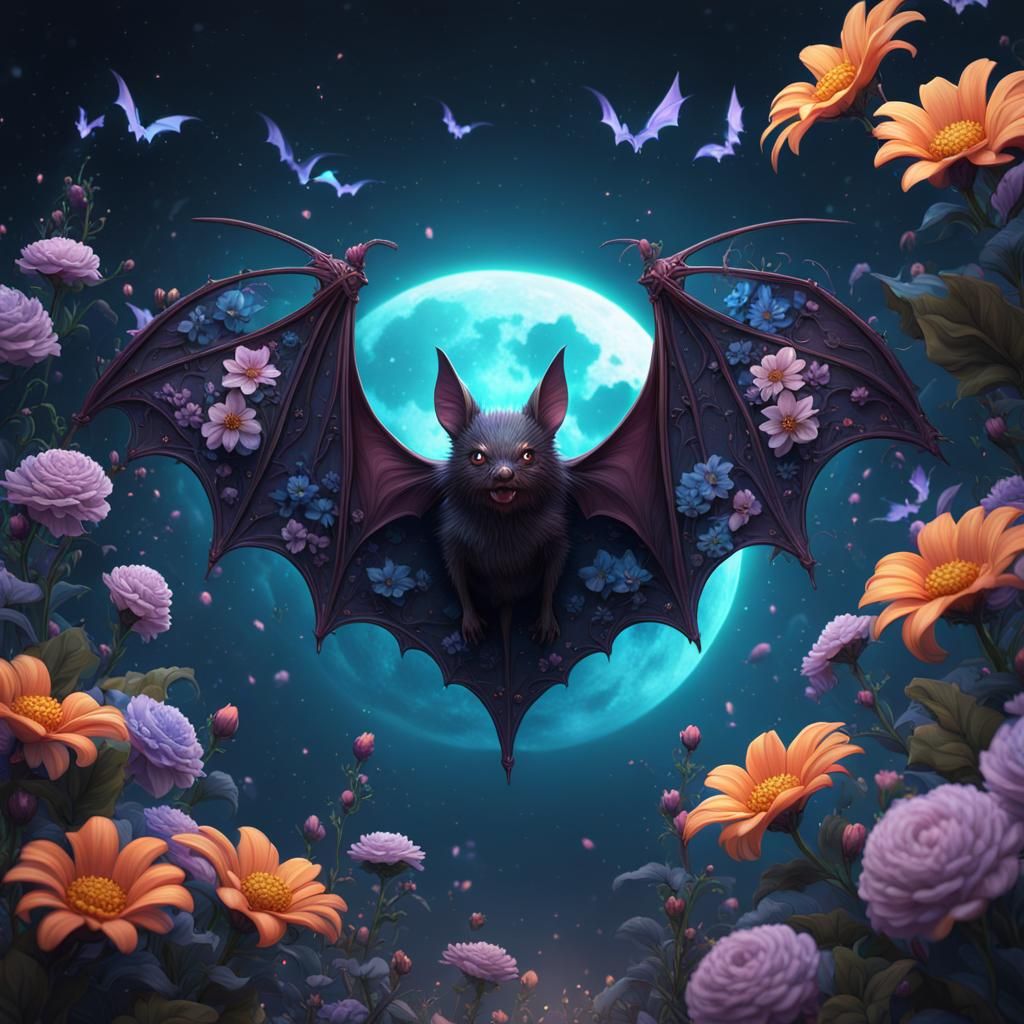 Floral Celestial Kawaii Bat in Detailed Matte Painting