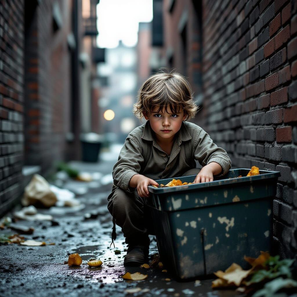 Child Finds Food in Urban Alleyway in Stark Realistic Style