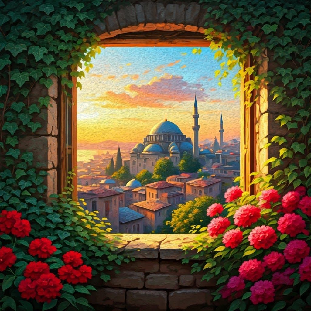 Historic Cityscape Sunset Through Stone Window