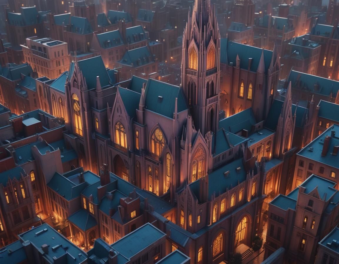 Art Deco Gothic Cityscape at Dusk: Detailed Matte Painting