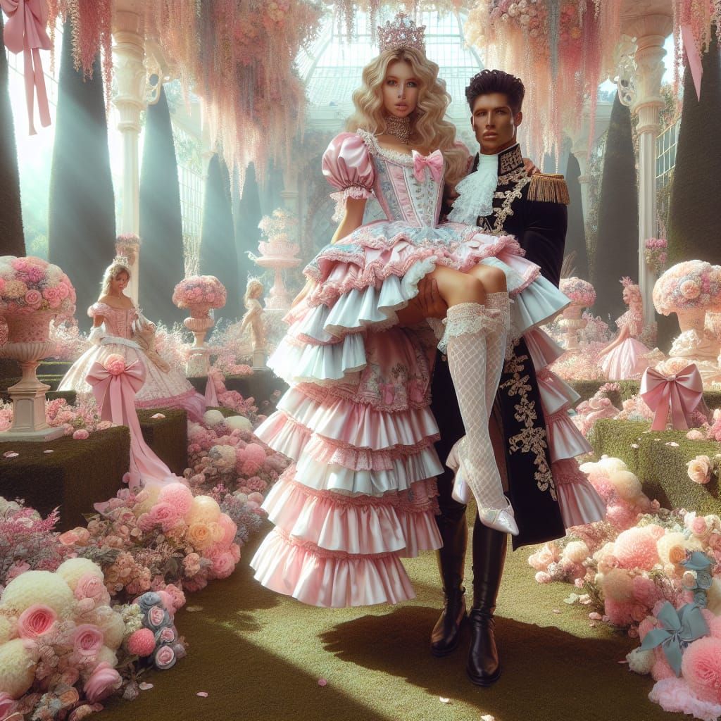 Knight Carries Maid Through Pastel Garden