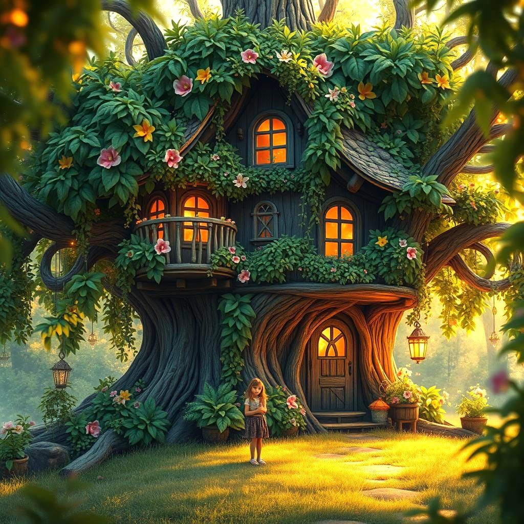 Whimsical Fantasy Treehouse with Fairy Lights