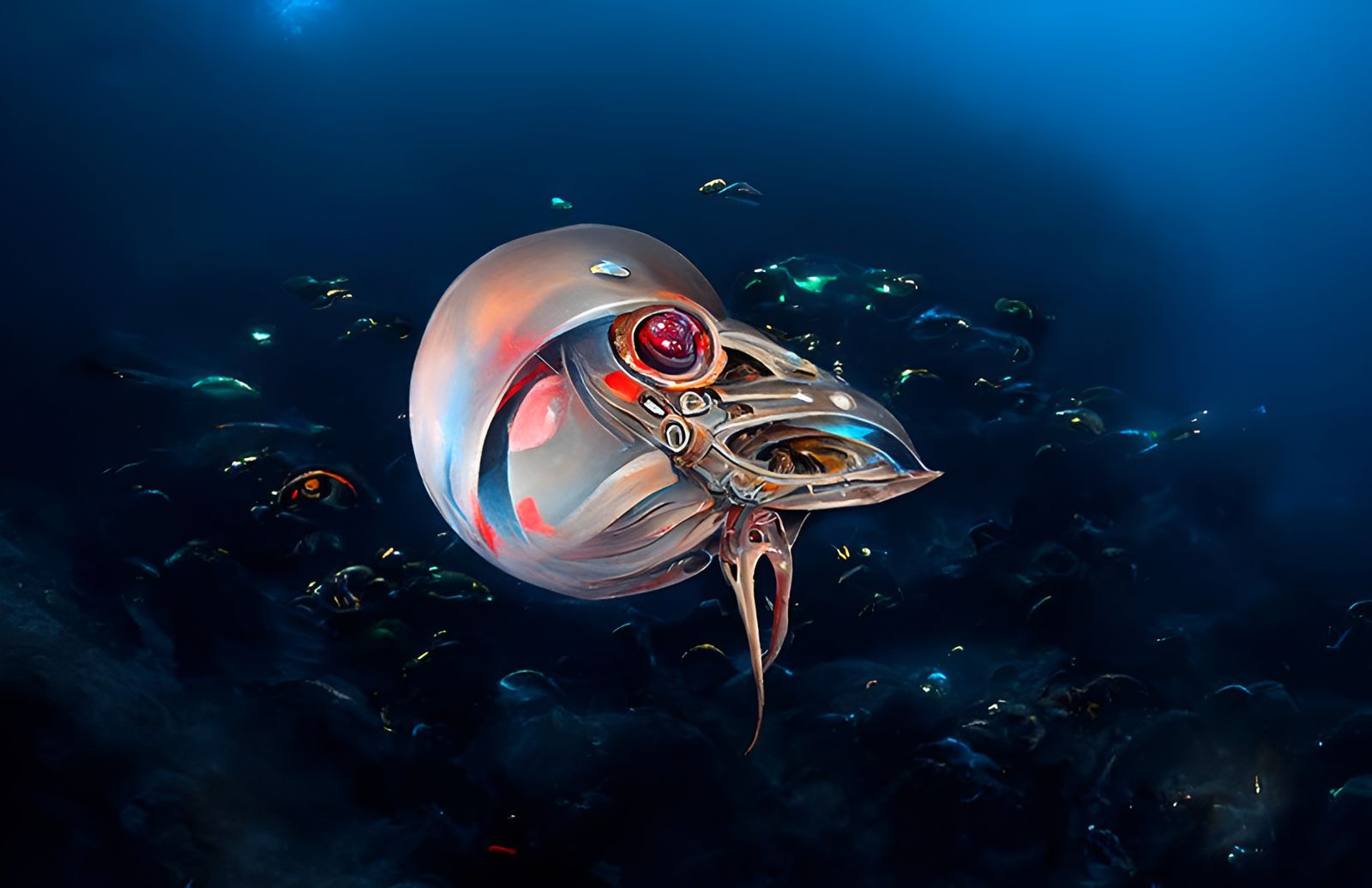 Cybernetic Nautilus in Futuristic Underwater City