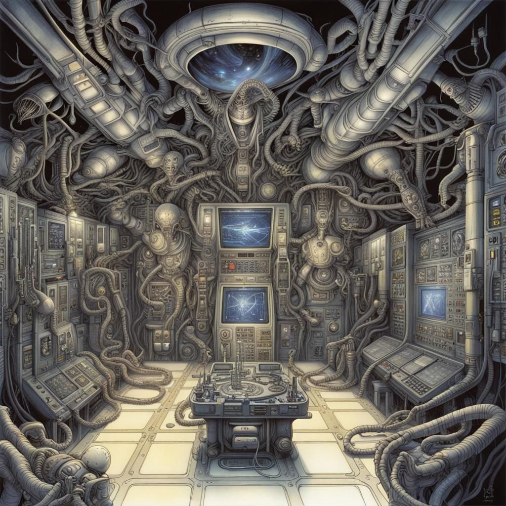 16k resolution, art by H.R. Giger, Yoshitaka Amano. Space station control room, biomechanical interfaces, alien technolo...