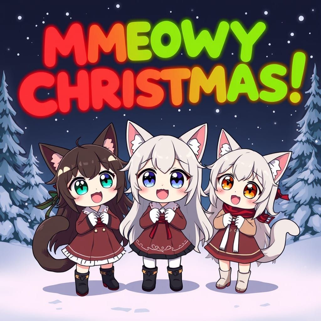 Glowing Moth-Eyed Chibi Catgirls Celebrate Christmas in Anim...